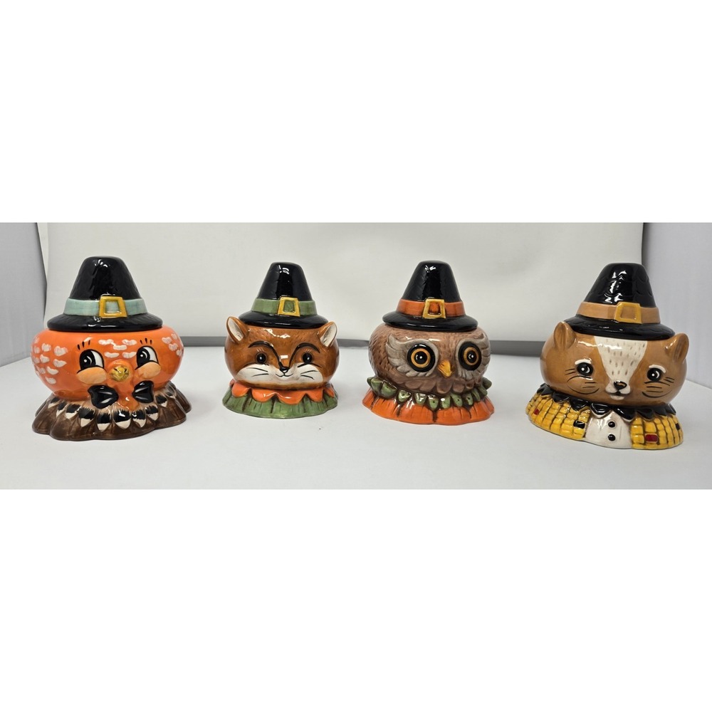 Johanna Parker Critter Bowl Pilgrim Hat Lid Transpac Thanksgiving Fall Jar Set/4